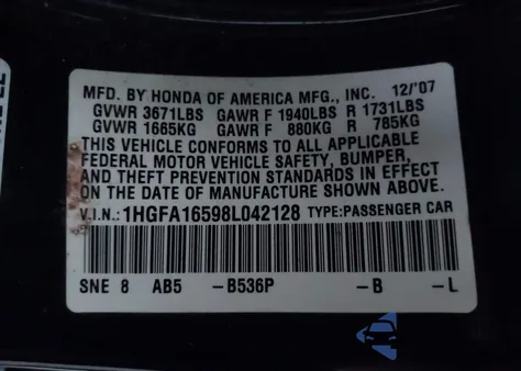 2008 Honda Civic Lx z USA, uszkodzony, nr VIN 1HGFA16598L042128